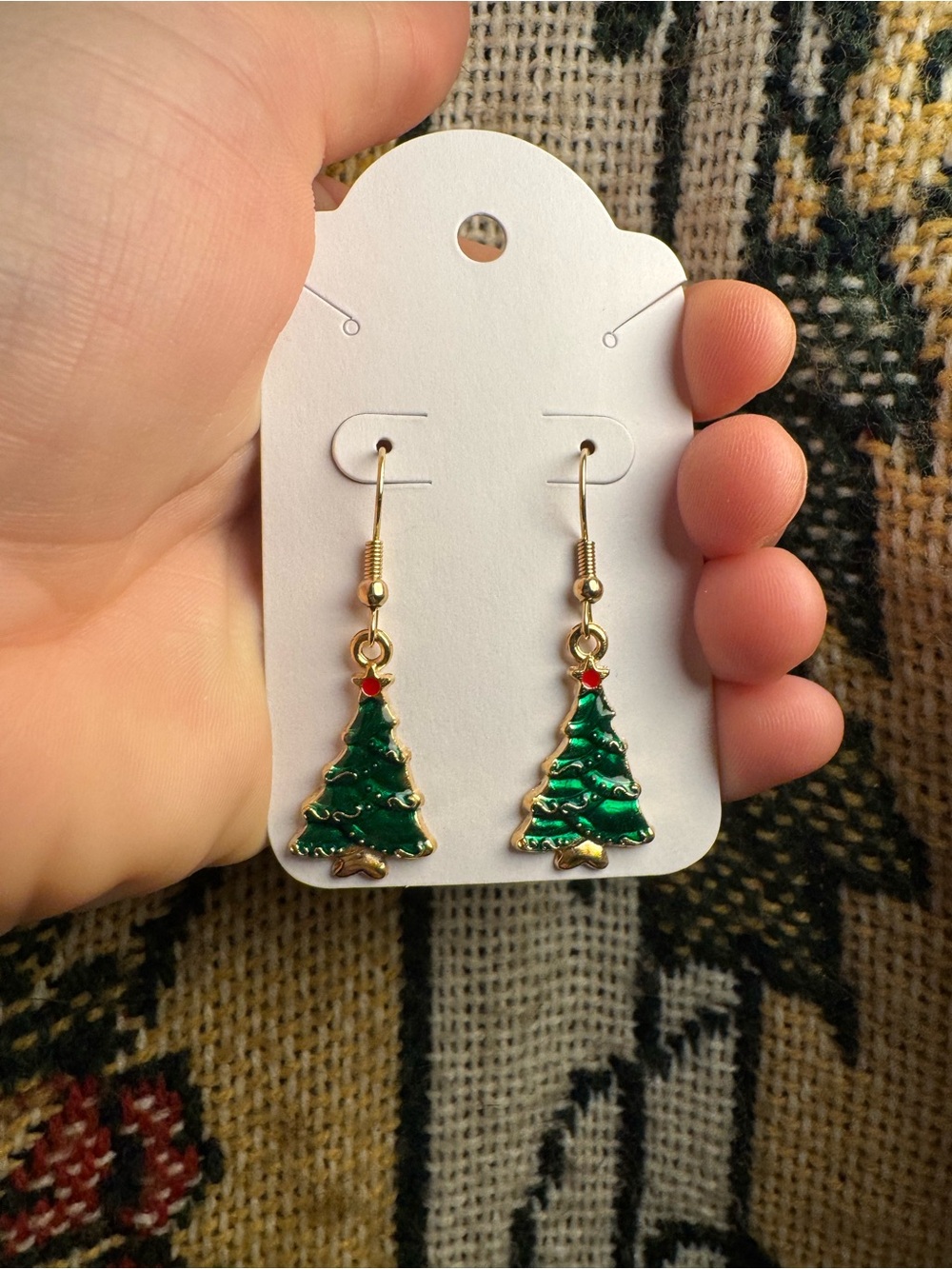 Gold-Tone Green Christmas Tree Dangle Earrings by